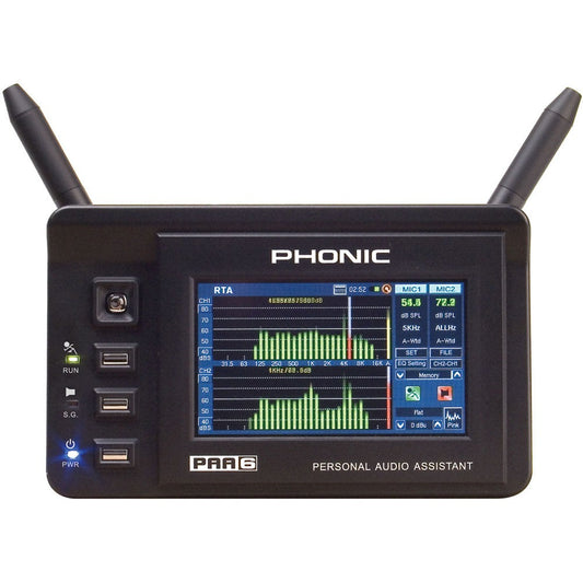 Phonic PAA6 Powerful Dual-Channel Palm-Size Audio Analyzer with Color Touch LCD, Built-in Condenser Measurement Mics, Internal Rechargeable Battery, and USB Port & SD Card Slot