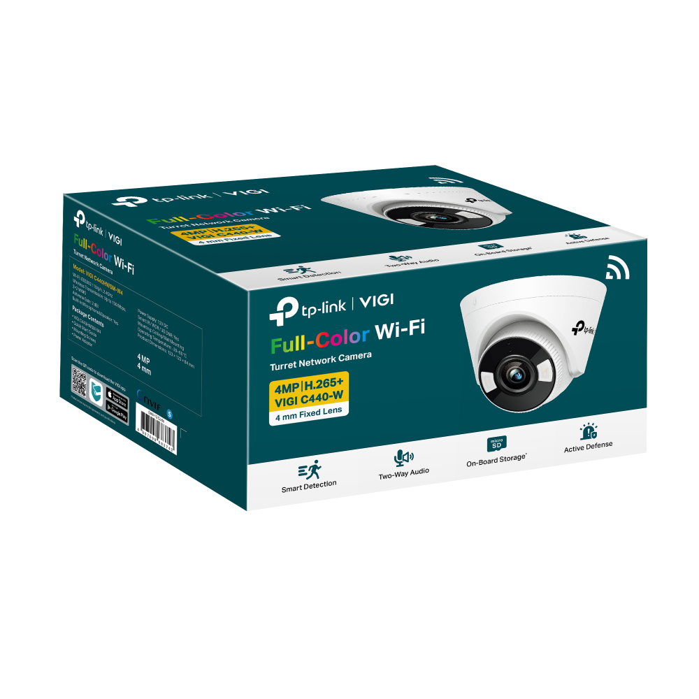 TP-Link VIGI C440-W 4MP Full-Color Wi-Fi Turret Network CCTV Camera 2K QHD (4mm) Ceiling/Wall Mounting with Up to 150Mbps 2x2 MIMO Wireless Transmission, Two-Way Audio, Active Defense, Smart Detection, Remote Monitoring, microSD Memory