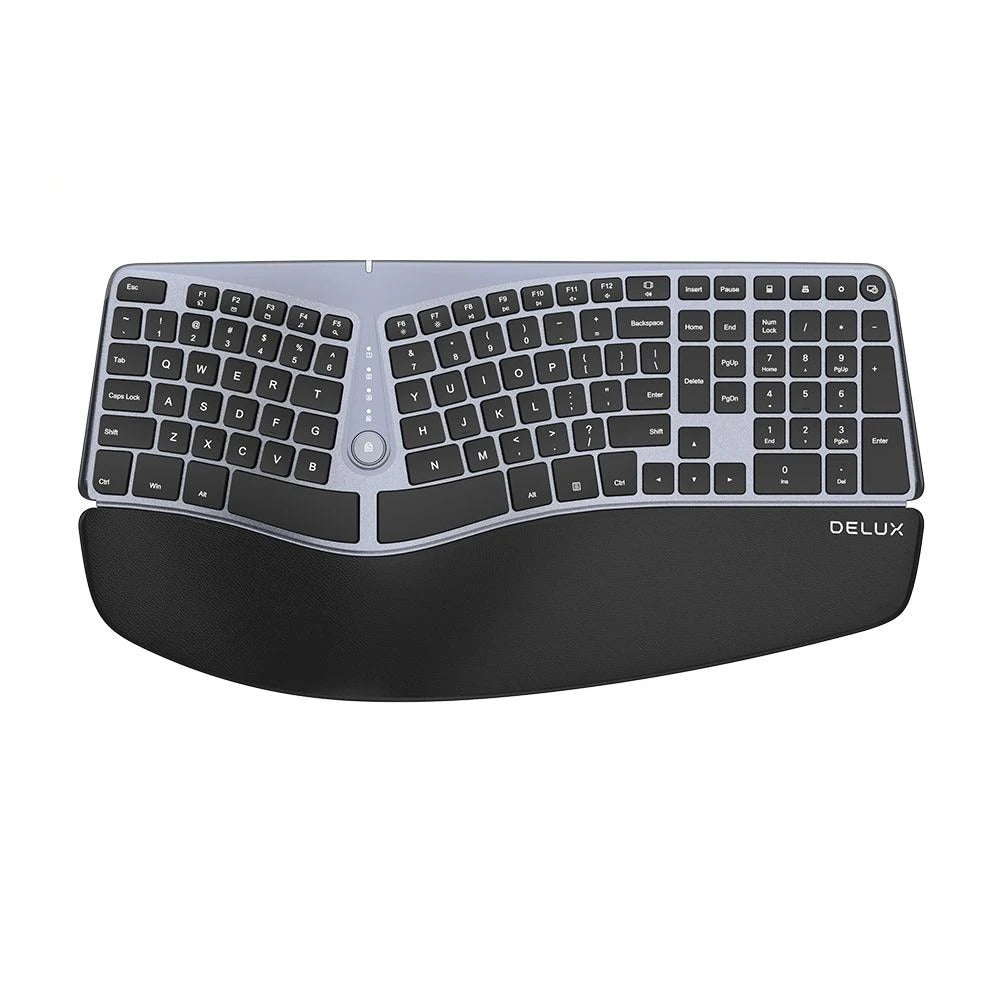 Delux GM901U Wired 107 Keys Ergonomic Split Membrane Keyboard with Built-in Soft Palm Rest, No Backlit, Curved Keyframe, 2 USB Hubs, and 8 million Key Lifetime for Windows and macOS