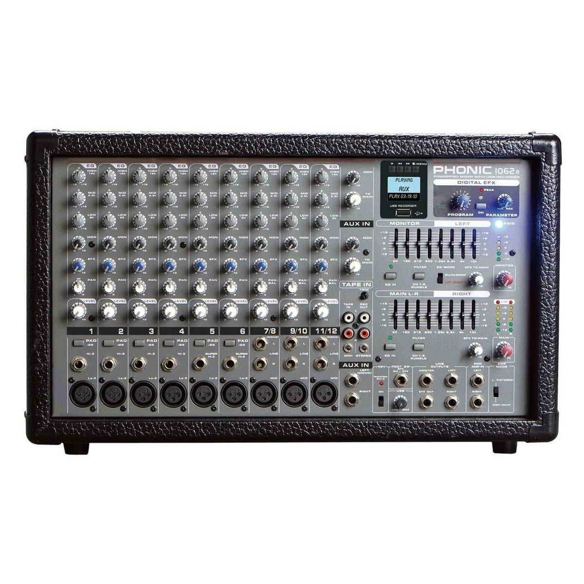 Phonic POWERPOD 1062R 600W 10-Channel Powered Mixer with DFX, USB Recorder,  Dual 8-Band Graphic Equalizers, Two Super Hi-Z Inputs, Two Built-in ...