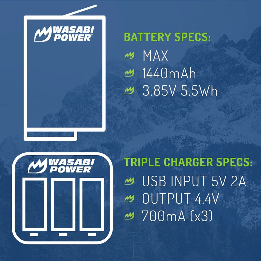 Wasabi Power ACBAT-001 (2 Pack) 3.85V 1440mAh Battery and Dual / Triple USB Charger Kit with Power Indicators, Micro and USB Type-C Ports for GoPro ACDBD-001 and Go Pro MAX Action Camera