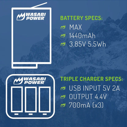 Wasabi Power 3.85V 1440mAh 2 Pack Battery and Dual USB Charger Kit replaces ACBAT-001 ACDBD-001 for GoPro MAX Action Camera | KIT-BB-MAX