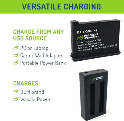 Wasabi Power Rechargeable Battery (2-Pack) 3.85V 1700mAh with USB Dual Charger Kit for Insta360 ONE X2 Camera
