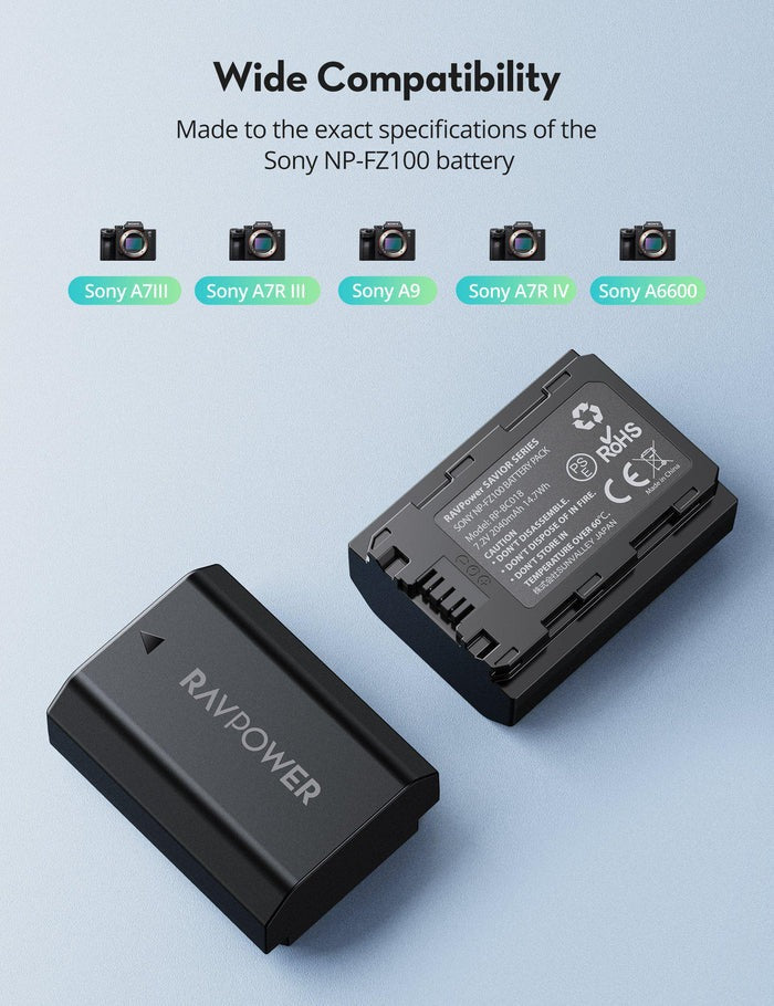 RAVPower (2-Pack) NP-FZ100 NPFZ100 Battery & Dual Charger Kit for Sony Alpha a1, a7 III, a7 IV, a7C, a7C II, a7R III, a7R IV, a7R V, a7S III, and a9 Mirrorless Camera with Micro USB and Type C Charging Port
