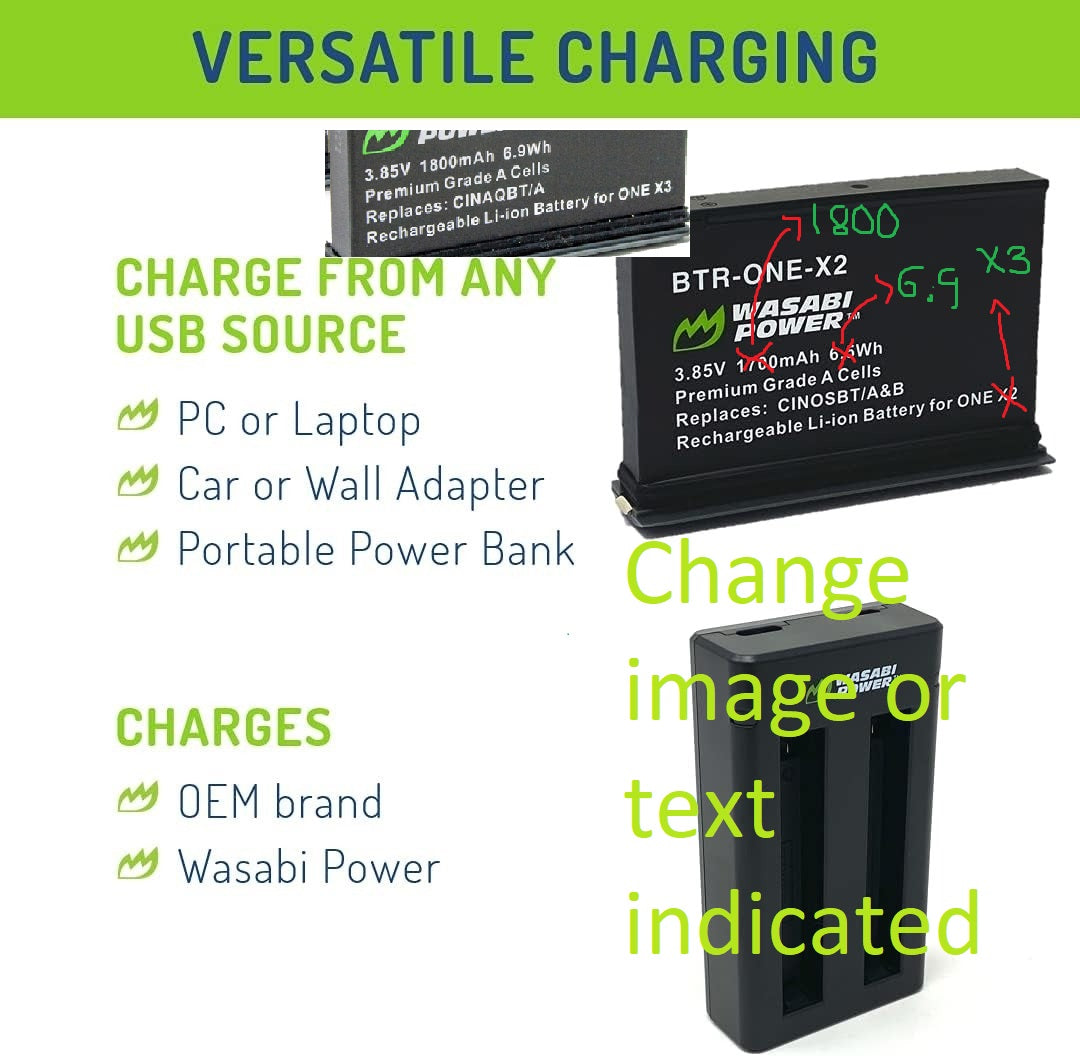 Wasabi Power Rechargeable Battery (2-Pack) 3.85V 1800mAh with USB Dual Charger Kit for Insta360 X3 Camera