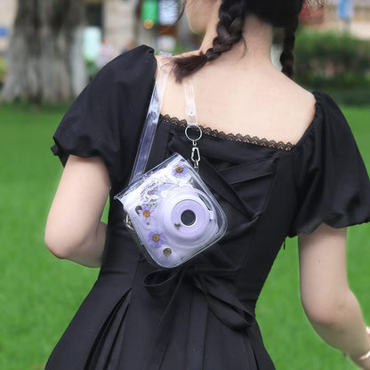 [CLEARANCE] Pikxi Cute Clear Transparent Case with Sling Type Bag Strap FUJIFILM Instax Mini 12 Instant Film Camera - Iridescent Daisy