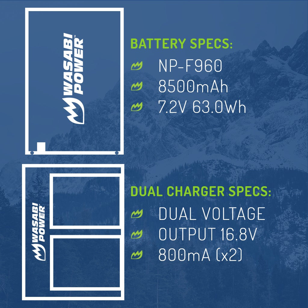 Wasabi Power NP-F960 NPF960 (2 Pack) 7.4V 8500mAh Battery and Dual USB Charger with LCD Display Kit for Select Sony L Series NP-F930 NP-F950 NP-F970 NP-F975 and Digital Video Camcorder