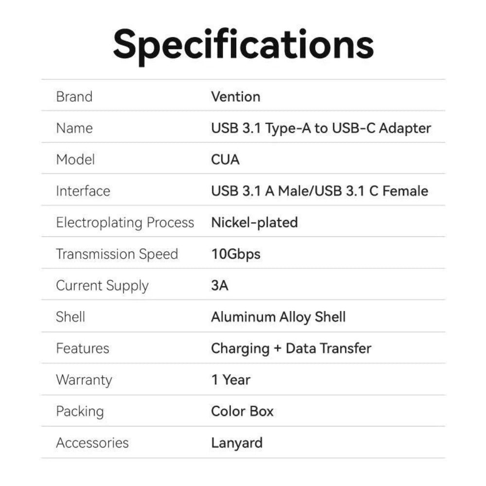 Vention USB 3.1 Type-A Male to Type-C Female OTG Adapter with High-Speed 10Gbps Transfer Speed, Convenient Lanyard for Laptop, Desktop Computer