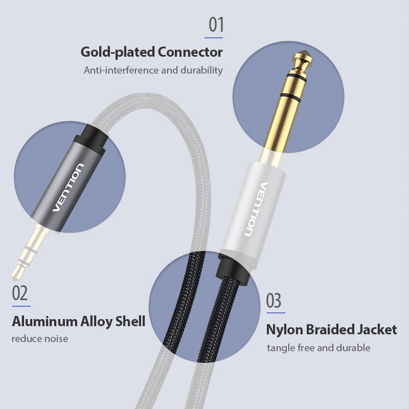 [CLEARANCE] Vention 3.5mm Male to 6.5mm Male Nylon Braided Gold Plated (BAI) Audio Cable for Microphones, Amplifiers, Sound Box, Laptops and Mobile Phones (Available in Different Lengths)