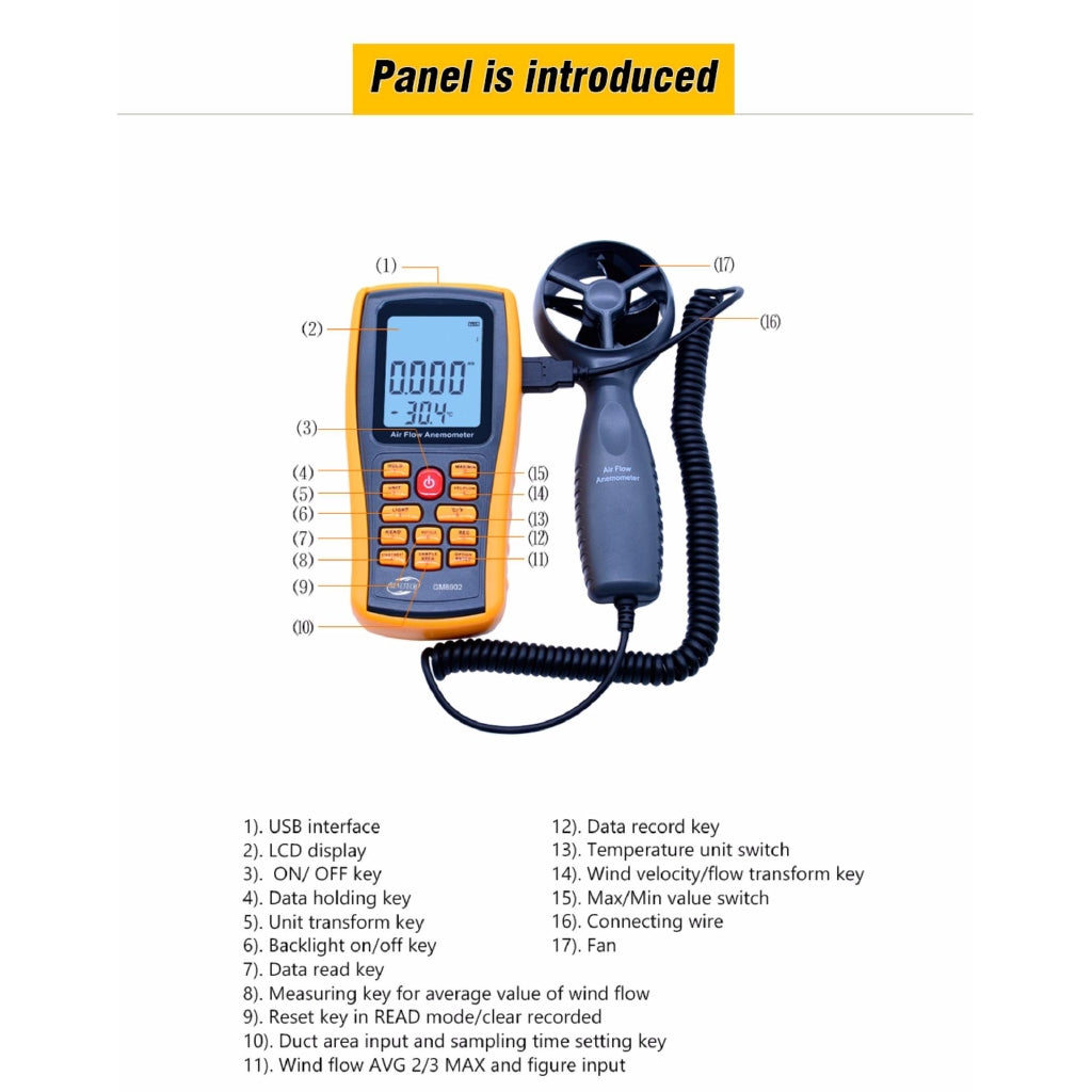 Benetech GM8902 Benetech Digital Anemometer Wind Speed Meter Air Flow Tester Measuring 0~45m/s with USB Handheld Anemometer Thermometer