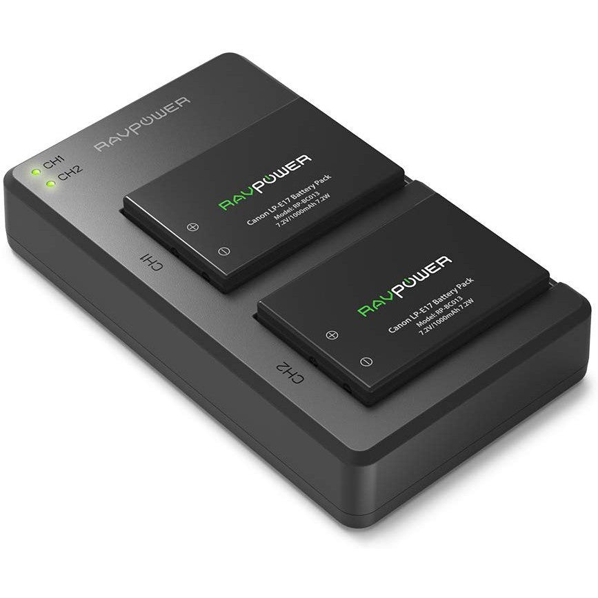 RAVPower LP-E17 Battery Charger and 2-Pack Rechargeable Li-ion Batteries for Canon EOS 77D, Rebel T6i, Rebel T7i, 750D,760D, 800D, 200D, 8000D, M3, M5, M6, Rebel T6s, Kiss X8i, Rebel SL2 (7.2V, 1000mAh) E17