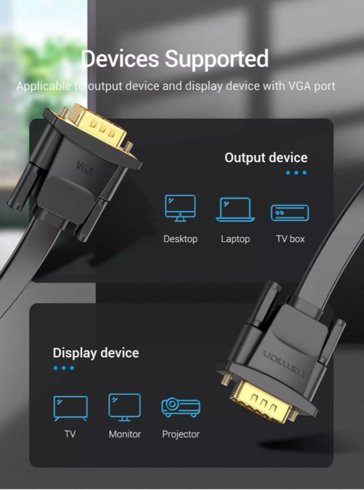 Vention 1080p Flat VGA Gold Plated (3+6) Male to Male 1-Meter Gold Plated (DAI) HD Video Connector for TV,PC, Projector, Monitor