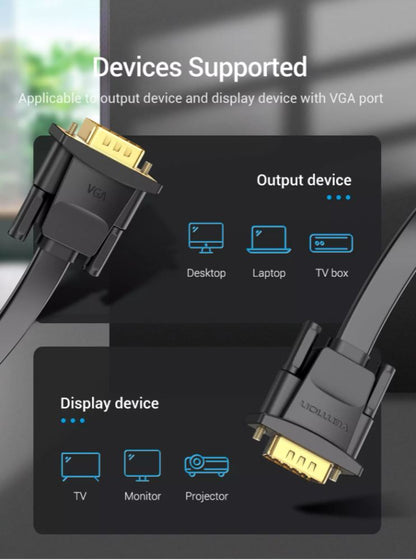 Vention 1080p Flat VGA Gold Plated (3+6) Male to Male 1-Meter Gold Plated (DAI) HD Video Connector for TV,PC, Projector, Monitor