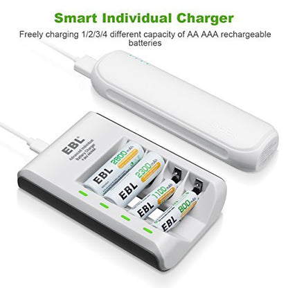 EBL LN-6420 807 4-Bay Battery Charger with Built-In Overheat and Over-Current Protection, LED Indicator Status Lights, and Micro USB Port for AA AAA Ni-MH and Ni-CD Rechargeable Batteries