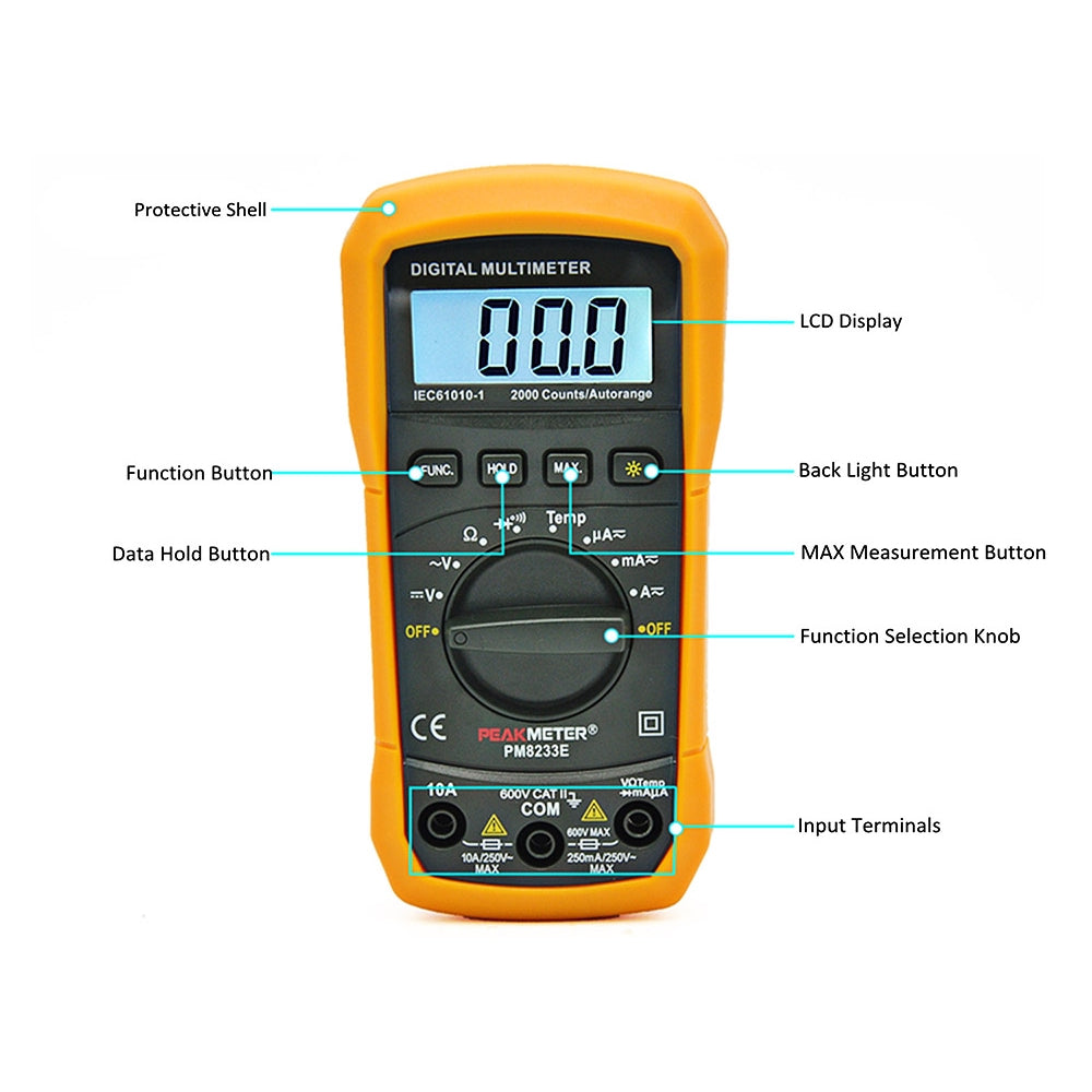 PeakMeter PM8233E Electrical Digital LCD Multimeter Voltmeter Ammeter AC DC OHM Volt Tester Multitester Current Resistance