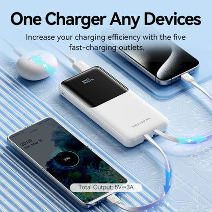 Vention 10000mAh 22.5W/PD 20W Fast Charge Power Bank with Built-In Type C & Lightning Charging Cable, 3-Port Output, Smart LED Digital Display for iPhone, iPad, Airpods, Android Smartphone, Tablet, Camera - White, Black