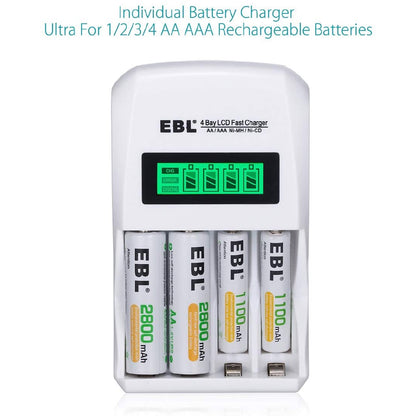EBL LN-6907 4-Bay Smart Battery Charger with LCD Indicator Screen, Individually Controlled Quick Charging Slots, and Intelligent Overcurrent Protection for AA AAA Ni-MH Ni-CD Rechargeable Batteries