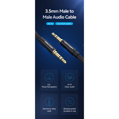Vention 3.5mm Male to Male Gold Plated AUX Audio Cable 29AWG for MP3, Computer, Tablet, Phone (Black) (0.5M) | BAWB
