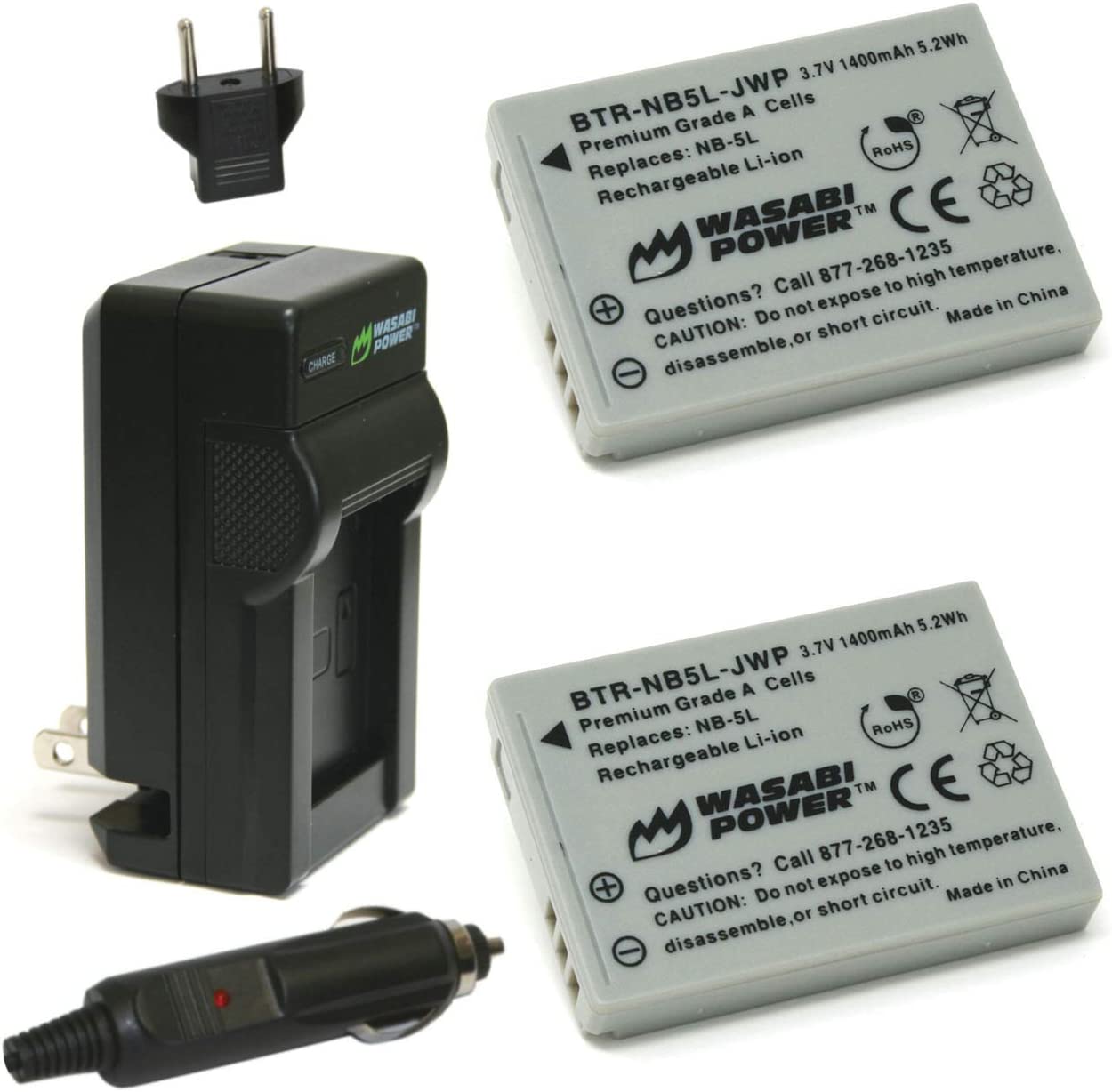 Wasabi Power NB-5L 2-Pack Power Battery and Charger Kit with 3.7V 1400mAh Power Batteries, Wasabi Power Mini Rapid A/C Charger for Canon NB-5L and Canon PowerShot Cameras | JG Superstore