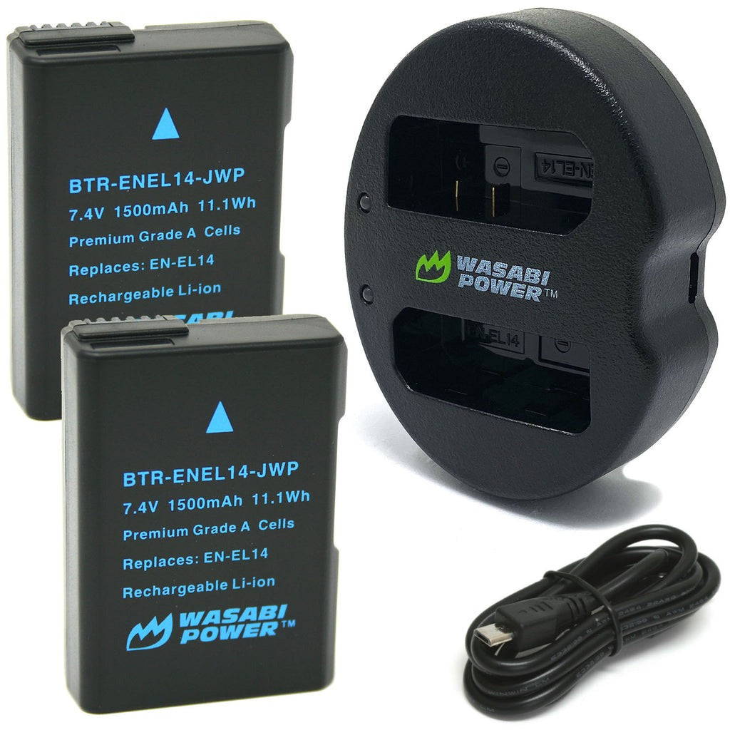 [CLEARANCE] Wasabi Power EN-EL14 ENEL14 (2 Pack) 7.4V 1500mAh Battery and Dual USB Charger Kit with Power Indicators for Select Nikon EN-EL14a, MH-24, Coolpix, D3100 D3200 D3500 D3600 and Df Digital Compact Camera | JG Superstore