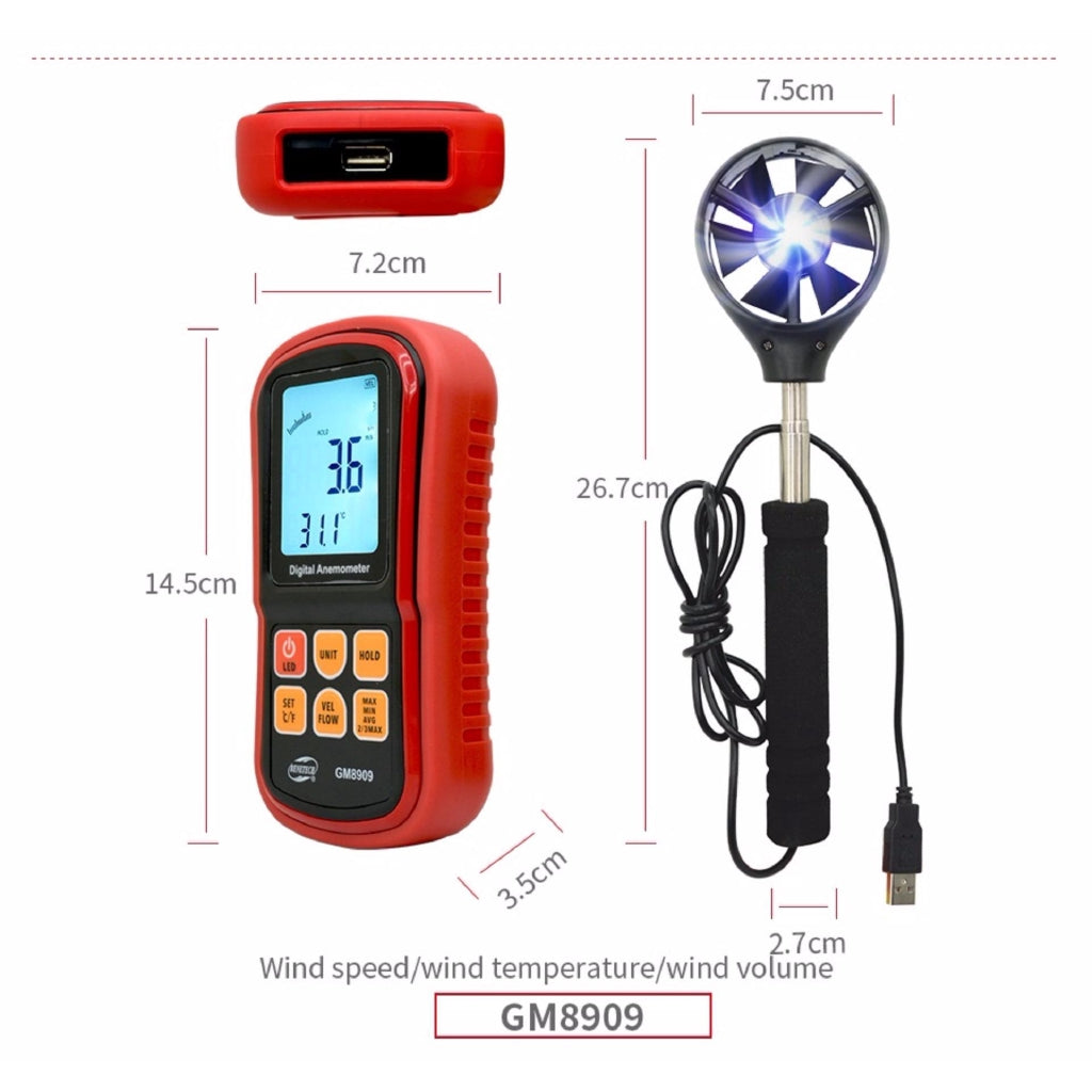 [CLEARANCE] Benetech GM8909 Anemometer Wind Speed Meter Air Volume Ambient Temperature Tester With USB Interface