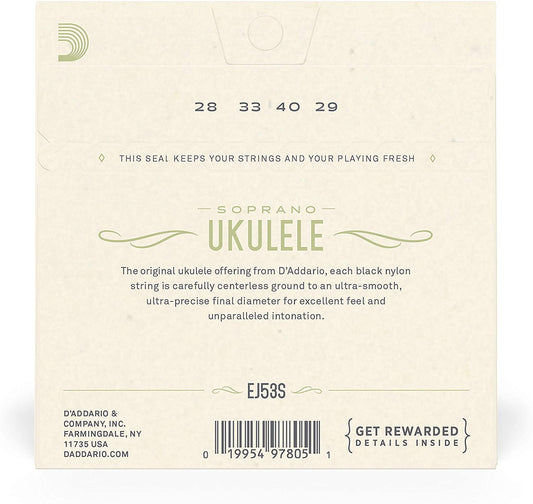 [CLEARANCE] D'Addario Pro Arte Rectified Black Nylon Soprano Ukulele Strings with Warm Dark Deep Tones (EJ53S) for Musicians and Singers
