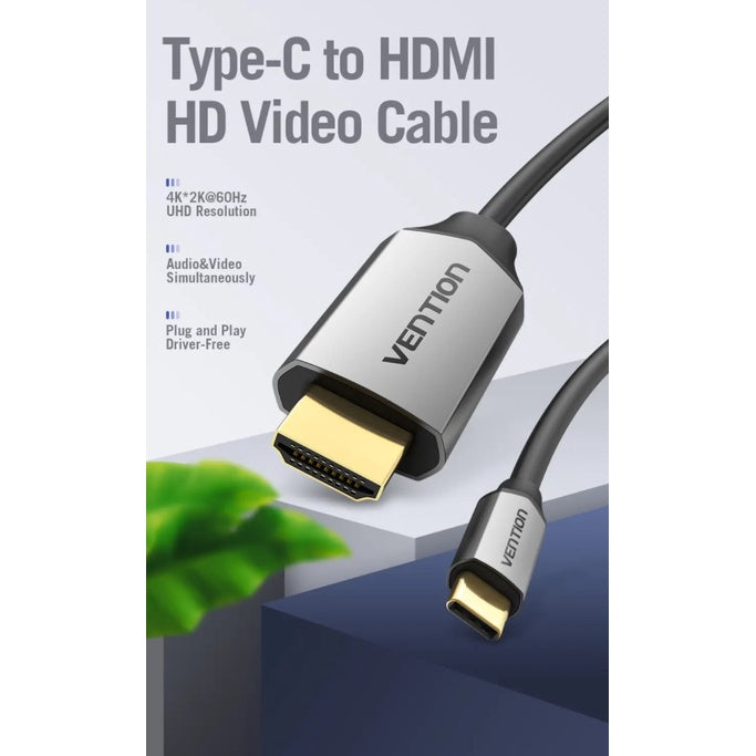 [CLEARANCE] Vention Type-C to HDMI Cable Metal Type 4KHD 60Hz with Aluminum Alloy Shell (CGSB) 1.5M Black Metal Type