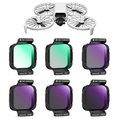 K&F Concept no-X Series UV Ultraviolet / PL Polarizer / ND8 16 32 64 Neutral Density Lens Filter with 28 Multi-Layer Coated Imported AGC Optical Glass and 3 to 6 Light Reduction Stops for DJI Flip Drone Photo / Video