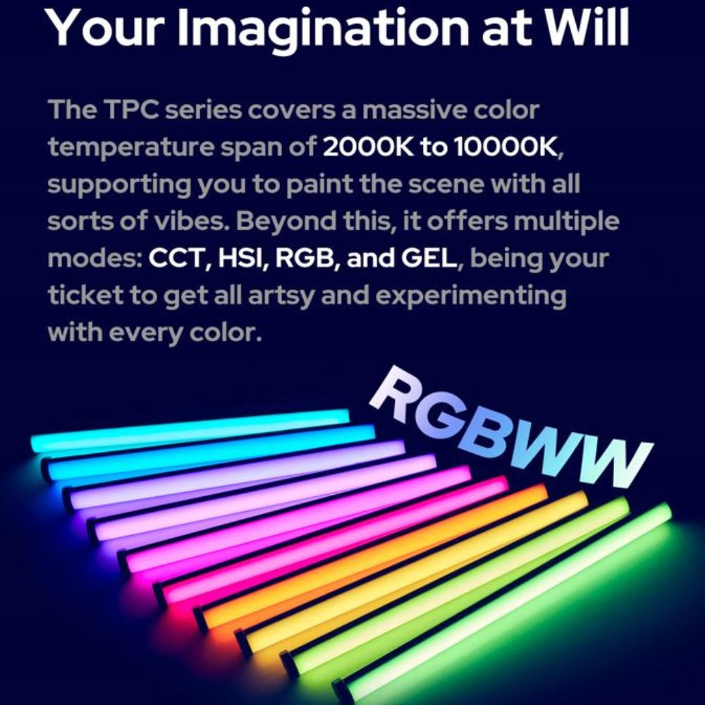 Godox Knowled TPC2R TPC4R LED RGBWW1 60/120 Cm Pixel Tube Light with Adjustable Light and Pixels, 2000K-10000K CCT Range, Built-in 42.9Wh Battery, Weatherproof, 17 FX Modes, DMX512/2.4G Wireless App Control and 4 Dimming Curves For Photography