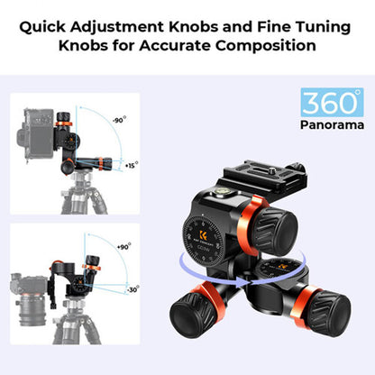 K&F Concept 3 Way Geared Tripod Head Accessories with Arca-Swiss Quick Release Plate, High-Precision Micrometric Knobs, Aluminum Alloy, 6 kgs Max Load Capacity, 1/4"-20 Screw for Professiol Photography, Video Recording & Content Creation