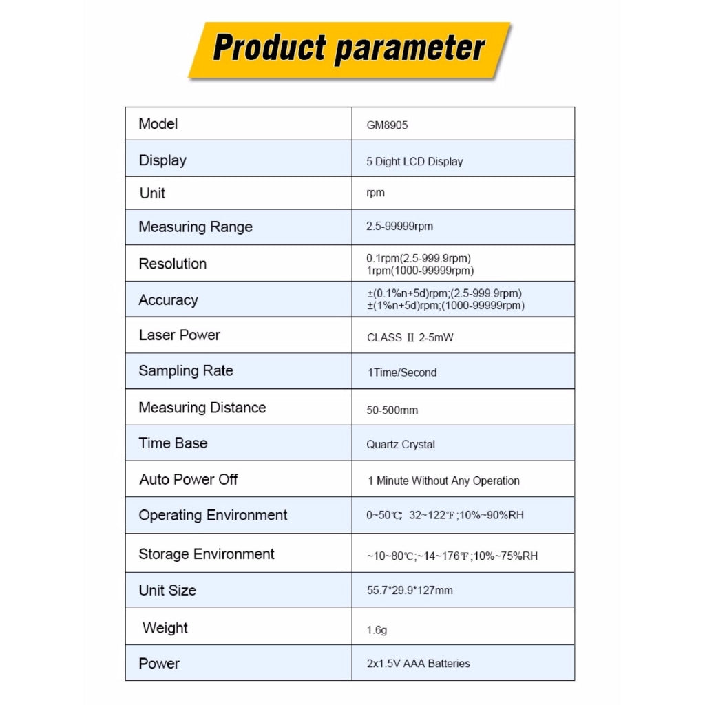 Benetech GM8905 Digital LCD Tachometer Non-Contact RPM Tach Test Meter Motor Speed Gauge Tester