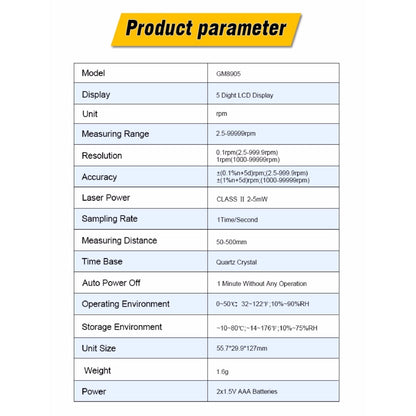 Benetech GM8905 Digital LCD Tachometer Non-Contact RPM Tach Test Meter Motor Speed Gauge Tester