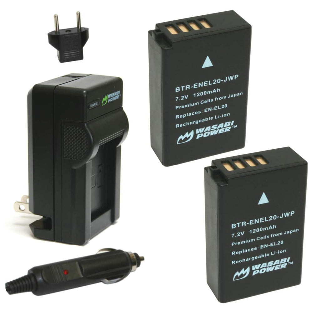 Wasabi Power EN-EL20 ENEL120 (2 Pack) 7.2V 1200mAh Battery and Charger Kit with Power Indicator, Built-In Fold Out US Plug, Car Charger & Euro Plug Adapter for Nikon EN-EL20a, MH-27, Coolpix A, P950, P1000, 1 J1 J2 J3, S1, V3 Digital Camera
