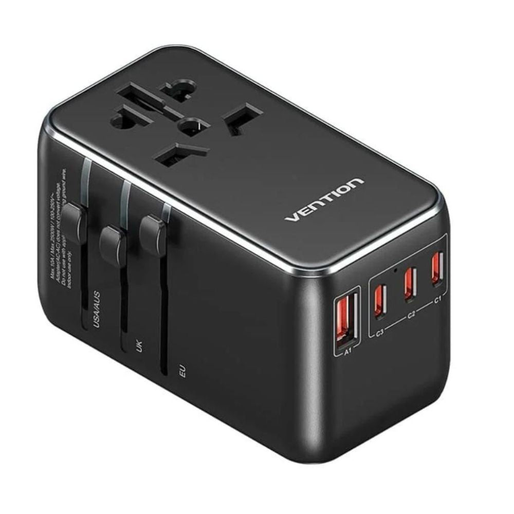 Vention 65W / 120W Multi-Port Universal Travel Adapter with GaN Fast Charging USB PD Ports, US/AU/UK/EU Male and Female Plugs for Smartphones, Tablet, Laptop etc.