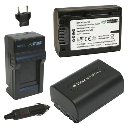 Wasabi Power NP-FV50 (2 Pack) 8.4V 1200mAh Battery and Charger Kit with Power Indicator, Fold Out US Plug, Car Charger & EU Plug Adapter for Sony DCR-SR15 DCR-SX44 FDR-AX700 HDR-CX900 NEX-VG10 PXW-Z450 Handycam Camcorder Video Camera | JG Supe