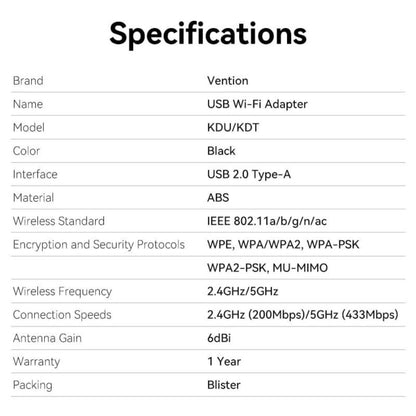 Vention AC650 High Speed 2.4Ghz Dual Band USB Network/Bluetooth Adapter Dongle with 650Mbps 5GHz Bandwidth, 6dBi High Gain Anten