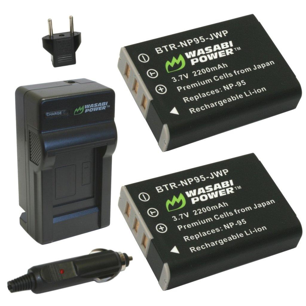 Wasabi Power (2-Pack) FUJIFILM NP-95 NP95 Battery and Charger with Built-In Fold Out US Plug, Car Charger and Euro Plug Adapter for FUJI X-S1 X30 X70 X100 X100S X100T XF10 and FinePix REAL 3D W1 Digital Camera