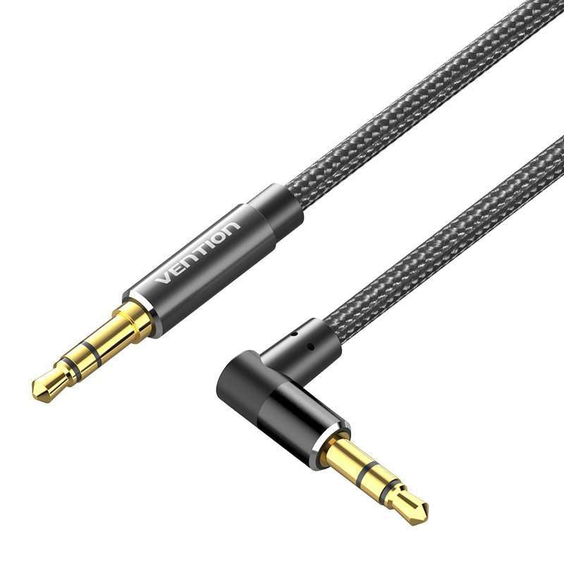 [CLEARANCE] Vention TRS 3.5mm Male to Male Right Angle Audio Extension Cable Cotton Braided Black Aluminum Alloy Type Hi-Fi Video Stereo Music for Smartphones, Laptop, PC, Gaming, TV (2 meters) | BAZBH