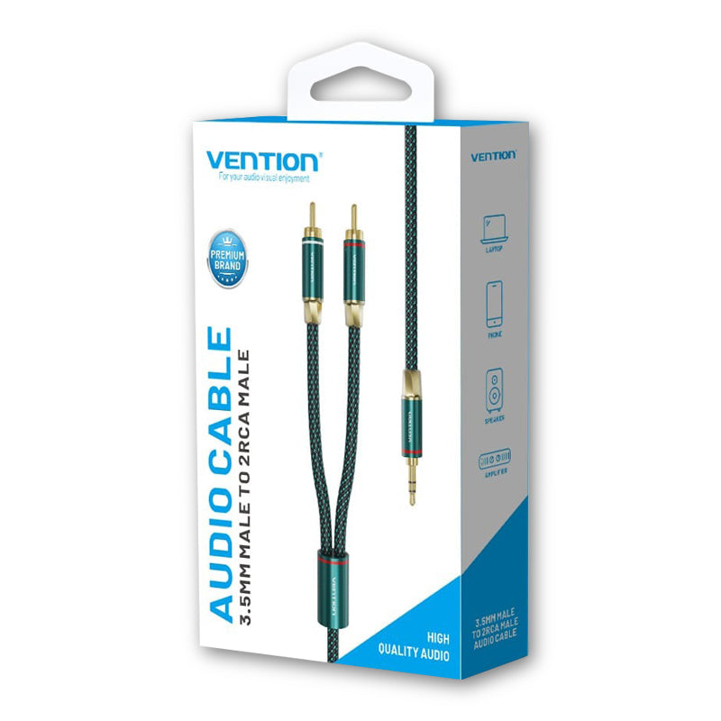 Vention 3.5mm Male to 2RCA Male Audio Extension Cable Cotton Braided Green Copper Type Gold-Plated High Frequency and Tight Bass Sound for Smartphones, Laptop, Speaker, Amplifier (1 meter) | BCSGF