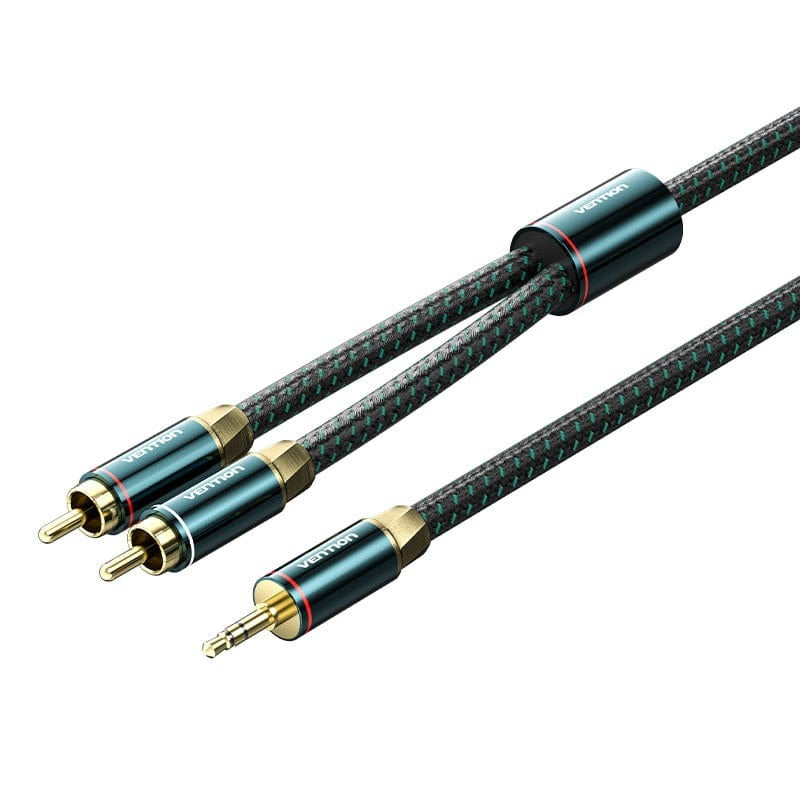 Vention 3.5mm Male to 2RCA Male Audio Extension Cable Cotton Braided Green Copper Type Gold-Plated High Frequency and Tight Bass Sound for Smartphones, Laptop, Speaker, Amplifier (1 meter) | BCSGF