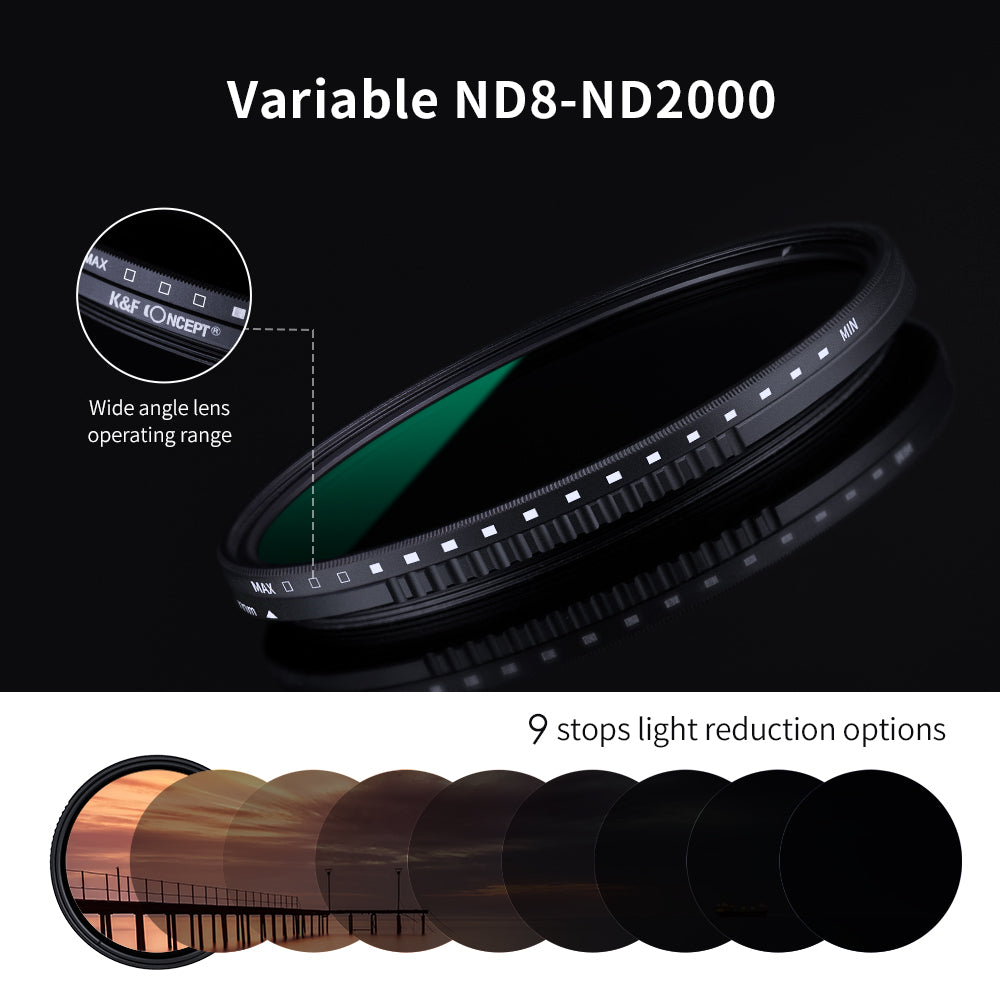 K&F Concept Variable Neutral Density Fader ND8 to ND2000 Waterproof Anti-Scratch Green Coated Japan Optics for Camera DSLR Mirrorless 37mm 40.5mm 43mm 46mm 49mm 52mm 55mm 58mm 62mm 67mm 72mm 77mm 82mm