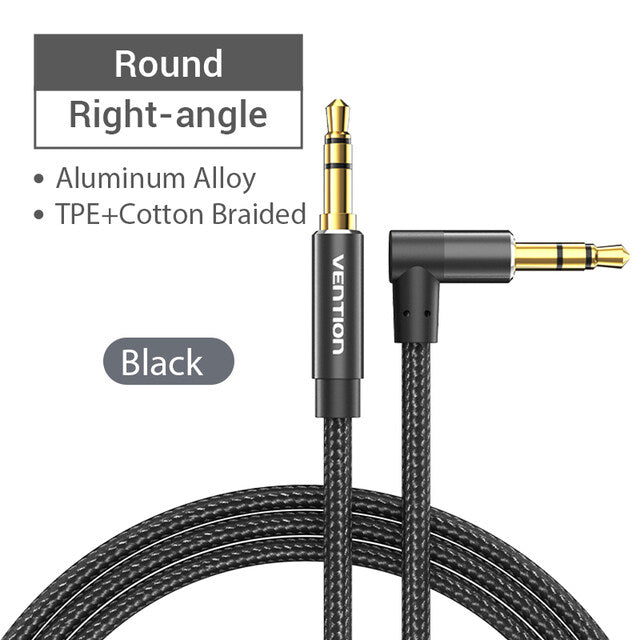 [CLEARANCE] Vention TRS 3.5mm Male to Male Right Angle Audio Extension Cable Cotton Braided Black Aluminum Alloy Type Hi-Fi Video Stereo Music for Smartphones, Laptop, PC, Gaming, TV (2 meters) | BAZBH