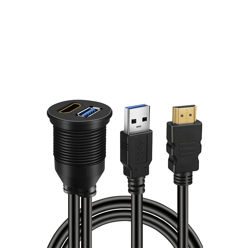 Pxel USB 3.0 and HDMI Female to Male Dash Panel 1-Meter Video and Data Extension Cable with Flush Mount Design for Car and Motorcycle Dashboard TV Table 1M