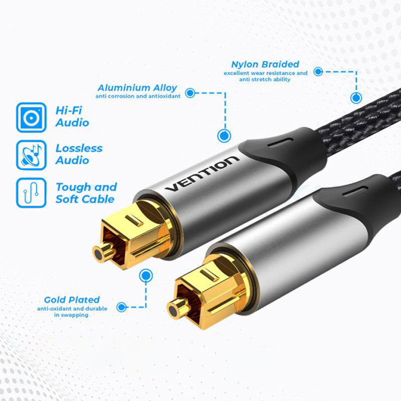 Vention (5 Meterss) Digital Toslink Optical Fiber Audio Extension Cable Aluminum Alloy Type PVC Gold-Plated for TV, PS4, PlayStation, Xbox, PC, Gaming, Camera, Printer | BAVBJ