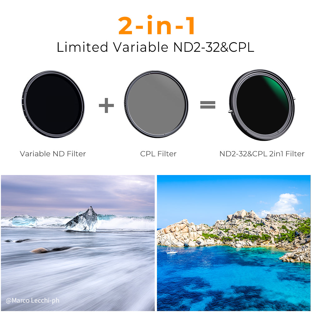 K&F Concept Nano-X 58mm CPL + Variable Fader NDX ND2 to ND32 Variable ND Waterproof Anti-Scratch Green Coated German Optics Lens Filter for Camera DSLR Mirrorless