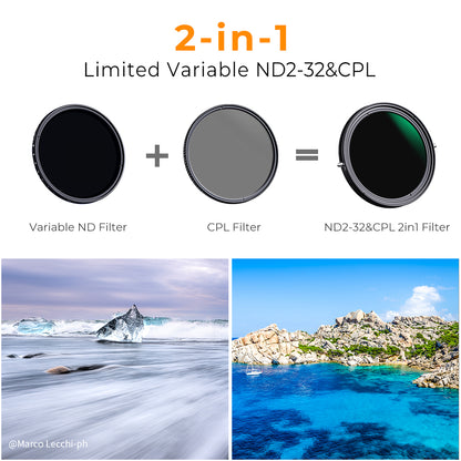 K&F Concept Nano-X 58mm CPL + Variable Fader NDX ND2 to ND32 Variable ND Waterproof Anti-Scratch Green Coated German Optics Lens Filter for Camera DSLR Mirrorless