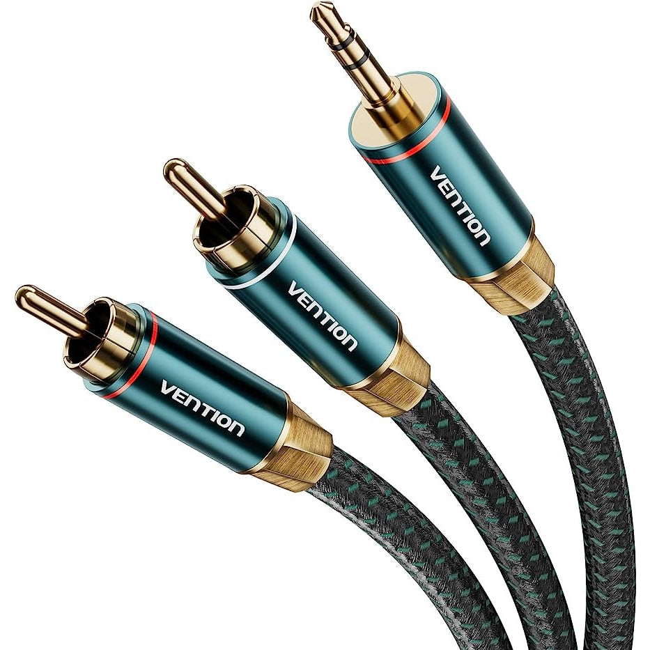Vention 3.5mm Male to 2RCA Male Audio Extension Cable Cotton Braided Green Copper Type Gold-Plated High Frequency and Tight Bass Sound for Smartphones, Laptop, Speaker, Amplifier (1 meter) | BCSGF