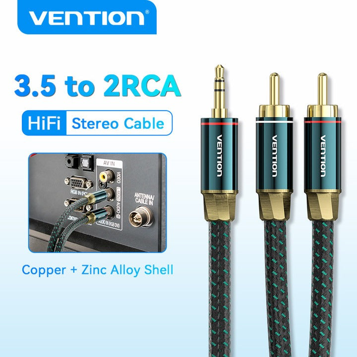 Vention 3.5mm Male to 2RCA Male Audio Extension Cable Cotton Braided Green Copper Type Gold-Plated High Frequency and Tight Bass Sound for Smartphones, Laptop, Speaker, Amplifier (1 meter) | BCSGF