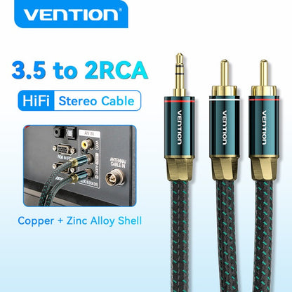 Vention 3.5mm Male to 2RCA Male Audio Extension Cable Cotton Braided Green Copper Type Gold-Plated High Frequency and Tight Bass Sound for Smartphones, Laptop, Speaker, Amplifier (1 meter) | BCSGF