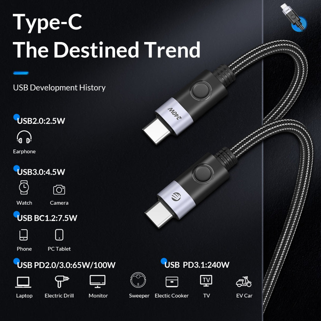 [CLEARANCE] ORICO CC240 (0.5m / 1m /1.5m / 2m) USB 3.2 / USB 4.0 Type C Fast Charging Data Cable Type C to Type C with 20Gbps / 40Gbps Fast Data Transmission Rate, PD 240W 4K 60Hz / 8K 60Hz Video, Nylon-Braided Aluminum Alloy